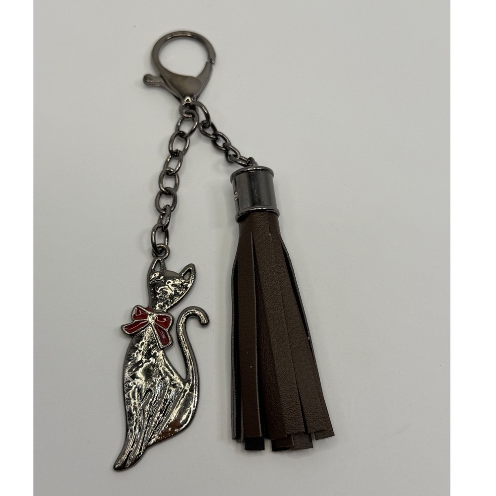 Gun Metal Tone Cat Keychain with Red Bow Brown Tassel Bag Charm Accessory Goth